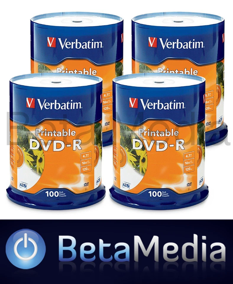 400 x Verbatim blank DVD-R 16x 4.7GB - White Inkjet Printable DVD Discs - Image 1 of 3
