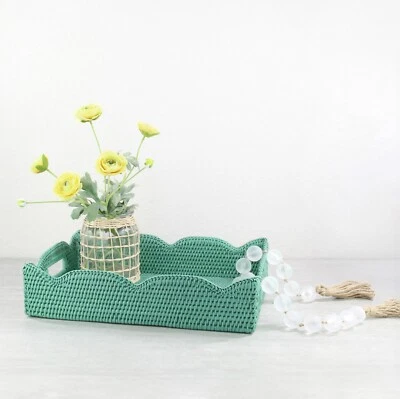 NEW Waved Edge Tight Woven Rattan Tray with Handles, Medium, Turquoise - Image 1 of 3