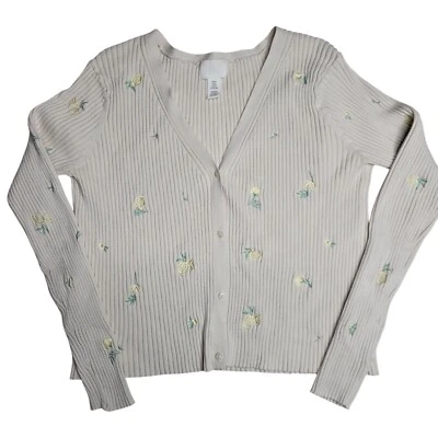 H&M Cream Ribbed Cardigan With Floral Embroidery & Button Closure Women's XL - Image 1 of 4