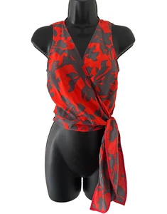 Diane Von Furstenberg Wrap Crop Blouse Top Womens Size 2 Sleeveless Red Gray - Picture 1 of 11