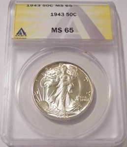:1943-P 50C Walking Liberty Half Dollar Gem BU ANACS MS65 Low Pop Highest Grades - Picture 1 of 2