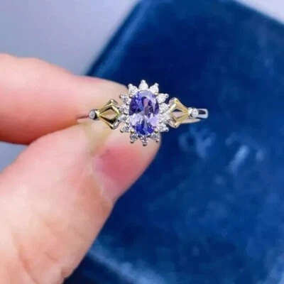 14k White Gold Plated 2Ct Oval Cut Simulated Blue Tanzanite Halo Engagement Ring - Image 1 of 4