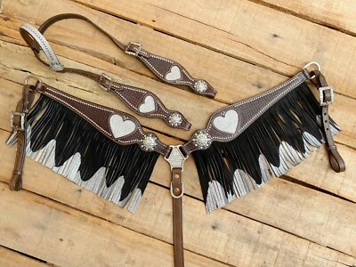 Genuine Leather Western Headstall Set for Horse Decorated White Stone and Fringe - Image 1 of 4
