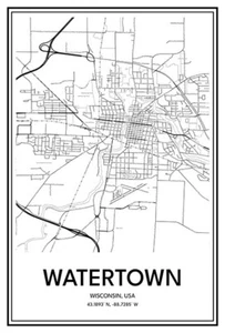 Watertown, WI, USA - Modern Minimalist Street Map Poster - Picture 1 of 8