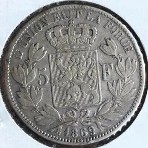 1869 BELGIUM SILVER 5 FRANCS  CROWN COIN - Picture 1 of 2