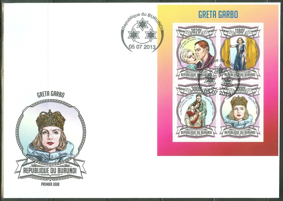 BURUNDI 2013 GRETA GARBO HOJA PRIMER DÍA CUBIERTA Foto 1 de 1