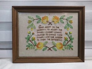 Vintage Framed Crewel Embroidery 'Serenity Prayer' Cottage Core - Picture 1 of 10