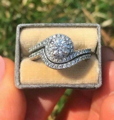 3 kt Rundschliff Moissanit Wirbel Verlobung Braut Ring Set 14 K Weißgold plattiert - Bild 1 von 4