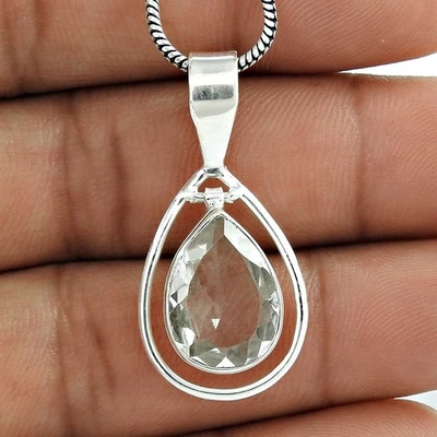 Naturale Pietra Cristallo Indiano Gioielli 925 Argento Pendente per Ragazze - Immagine 1 di 4