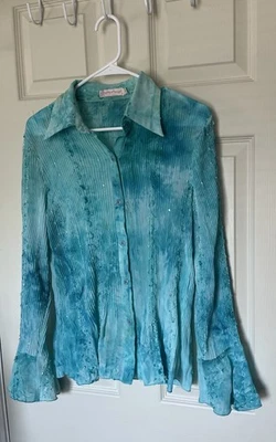 Blusa Pretty Angel arrugada con botones mezcla de seda hada azul aguamarina para mujer L Y2K Foto 1 de 4