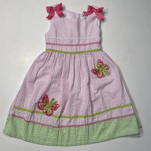 Rare Editions 4T Pink Seersucker Dress Beige Trim Butterfly Apron Tie Sleeveless - Picture 1 of 7