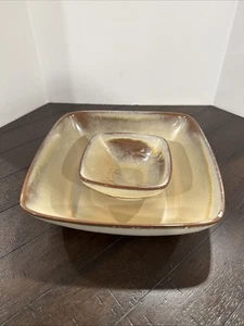 Vintage Frankoma Chip & Dip Bowl/Attached Center Dip Bowl #5NS Desert Gold - Picture 1 of 7