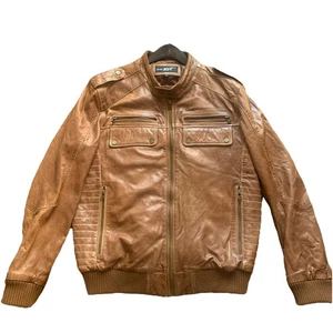 Schwarze Nieten Leder Bomberjacke Reißverschluss gefüttert Taschen Cognac Braun Herren Gr. XL - Bild 1 von 9