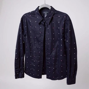 Jones New York Signature Navy Blue Button Down Shirt Multicolor Embroidered Dots - Picture 1 of 12