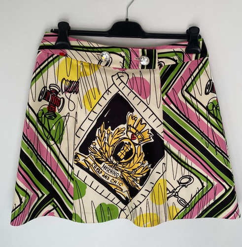 Gonna VINTAGE MOSCHINO A BUON MERCATO E CHIC stampa astratta bottoni cristallo una linea UK12