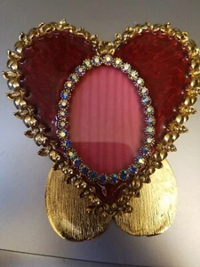 Signed Jay Strongwater red/gold/yellow and silver enamel heart "Dominique" frame - Picture 1 of 12