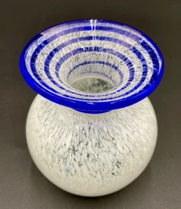Pier 1 Imports White Spongeware Glass Vase, Cobalt Blue Applied Swirline Neck - Picture 1 of 8