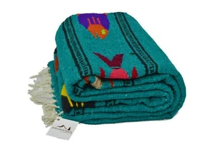 Mexican Yoga Blanket Fish Design Turquoise Serape Ocean Tapestry Teal Green Boho - Picture 1 of 4