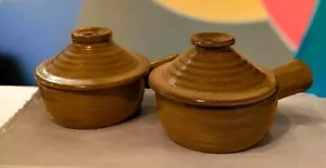 Set Of 2 Vintage MCM Pottery Crocks with Handles & Lids-Onion Soup Bowls Brown - Picture 1 of 16