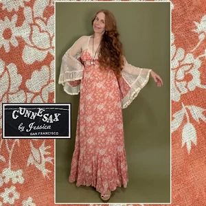 Gorgeous GUNNE SAX Angel Wing Coral Print Black Label Maxi Length Dress, Sz 9 - Picture 1 of 6