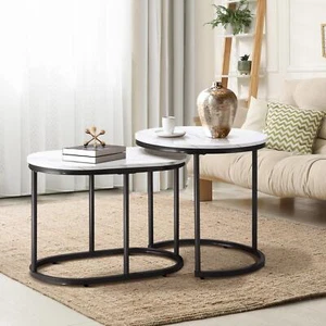 Oikiture Set of 2 Coffee Table Round Oval Marble-like Nesting Side Tables Black - Picture 1 of 10