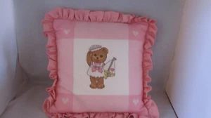 Baby Pillow Pink Plaid Teddy Bear Cross Stitch Completed Ruffled 15" Square - Picture 1 of 11