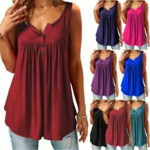 Women Summer Sleeveless Casual V Neck T Shirt Tunic Tank Top Loose Solid Blouse - Picture 1 of 10