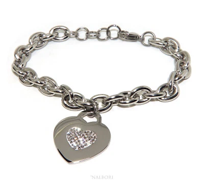 bracciale donna catena cuore a ciondolo grande pavè zirconi bianchi acciaio - Immagine 1 di 4