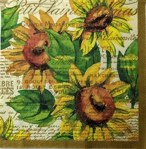 TWO Individual Paper Luncheon Decoupage Napkin- 1550 Sunflower Watercolor Script - Picture 1 of 2