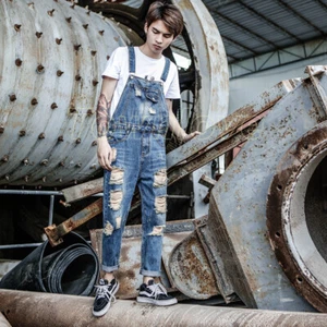 Men Denim Casual Slim Fit Overall Ripped Jumpsuit Jeans Romper Cowboy Bib Pants - Picture 1 of 11
