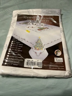 Tobin Stamped Tablecloth Embroidery Tree Santa's gifts 58 x 86 oval Christmas - Image 1 of 3