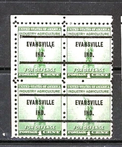 SCOTT # 899 -  BLOCK OF 4 PRECANCELED EVANSVILLE , IND  ONE CENT STAMPS - F / VF - Picture 1 of 2