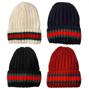 Winter Knit Cap Beanie Men Ski Beanie Faux Fur Lining Blaid Pattern Cap Hat - Picture 1 of 6
