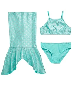 3 Piece Girls Swimsuit Mermaid Tail Tankini Bikini Skirt Cover Up 12 14 XL NWT - Picture 1 of 5