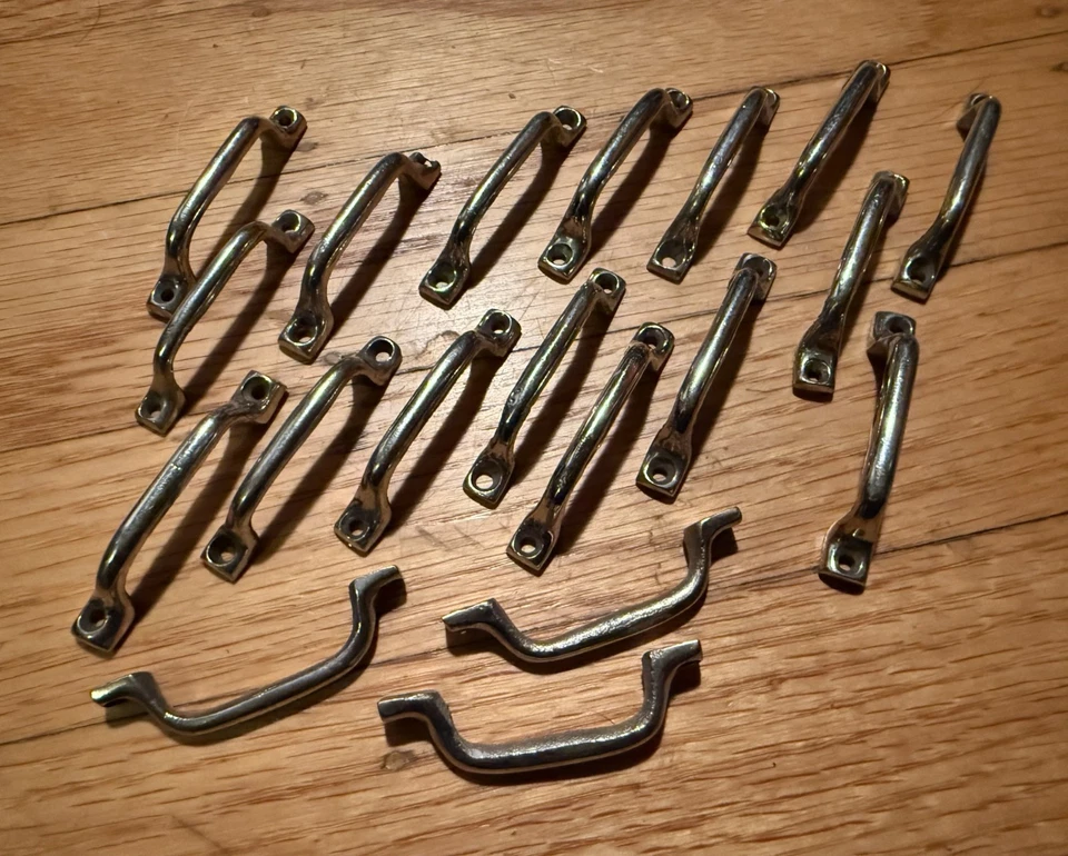 Lot 19 antique vtg nickel plated brass tiny 1 7/8" centers pull handles - Image 1 of 1