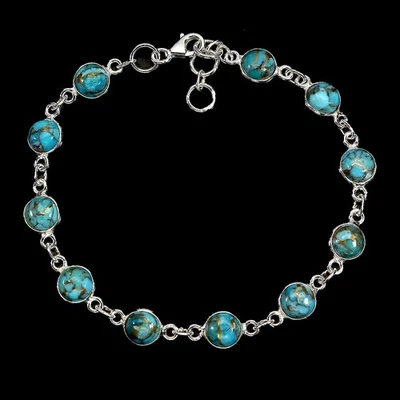 925 Sterling Silver Bracelet Round Turquoise 6mm Natural Gemstone Jewelry 7.5in - Image 1 of 4