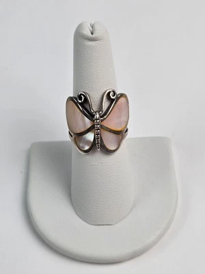 Sterling Silver Curved Butterfly Ring Dyed Pink Abalone Shell Wings Size 7.5 - Image 1 of 4