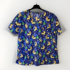Cassandra O Damen Scrub Top Weihnachtsmotiv Größe 2X blau Rentier - Bild 1 von 4