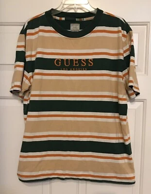 Guess Los Angelas Mens Medium Orange Green Striped Cotton Shirt - Image 1 of 4