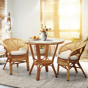 Pelangi Rattan Wicker Set of 2 Chairs w/Cushion and Round Dining Table - Picture 1 of 26