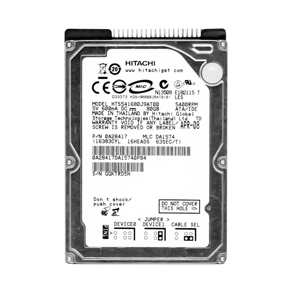 HITACHI TravelStar 5K160 80GB 5400U/min 8MB ATA / IDE HTS541680J9AT00 2.5'' Zoll - Bild 1 von 3