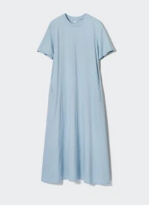 Uniqlo Womens Mercerized Cotton Short Sleeve Midi Maxi Utilitarian Dress XL Blue - Picture 1 of 10