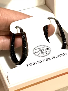 CRYSTALS From SWAROVSKI Hoop Earrings Black Crystals Fine Silver Plated - Picture 1 of 10