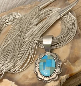 Lovely Carolyn Pollack Turquoise/Malachite 925 50 Strand Liquid Necklace 24 In - Picture 1 of 11