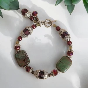 Vintage Tibetan Genuine Dragon's Blood Jasper Beaded Bracelet Silvertone 7.5" - Picture 1 of 16