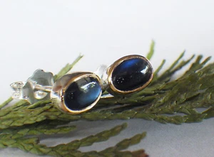 SCHMUCK-STCK Ohrringe Stecker oval vergolde Regenbogen SILBER Cabochon MONDSTEIN - Picture 1 of 6