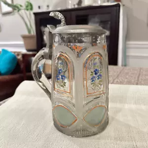Rara tazza Stein L. Muller 1876 vetro taglio antico dipinto a mano con coperchio in peltro - Foto 1 di 12