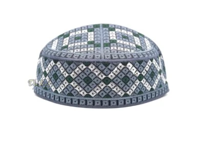 White Gray and Green Embroidered Diamond Design Semi-rigid Pakistani-style Kufi - Image 1 of 4