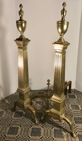PAIR of Fine and Large Neoclassical Chippendale Style Brass Andirons 32.75 in. H Cover