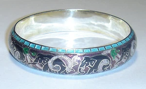 BRACCIALE ELEFANTE SMALTO SMALTO CINESE CLOISONNE 925 Viola/Verde/Turco/Blk - Foto 1 di 1